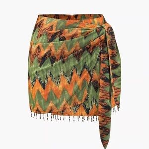 NWT Micas Geometric Tassel Sarong In Green/Orange With Beaded Trim Womens Medium